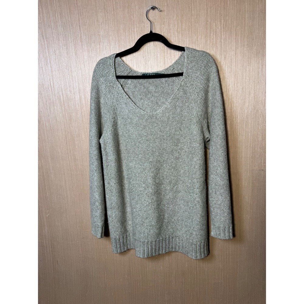 Ralph Lauren Womens Large V-Neck Knit Sweater Heathered Beige Cotton Blend